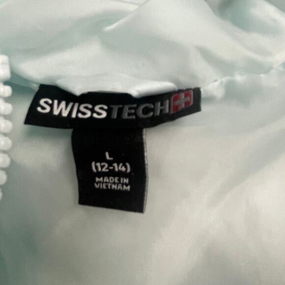 Swiss Tech Ice Blue Size Large 12 14 Long Puffer Jacket Coat Full Zip Hooded - Picture 3 of 8